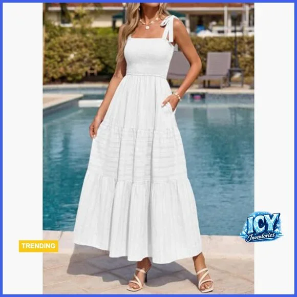 Cotton Boho Maxi Dress Spaghetti Strap Smocked A-Line Sundress - Picture 2 of 7